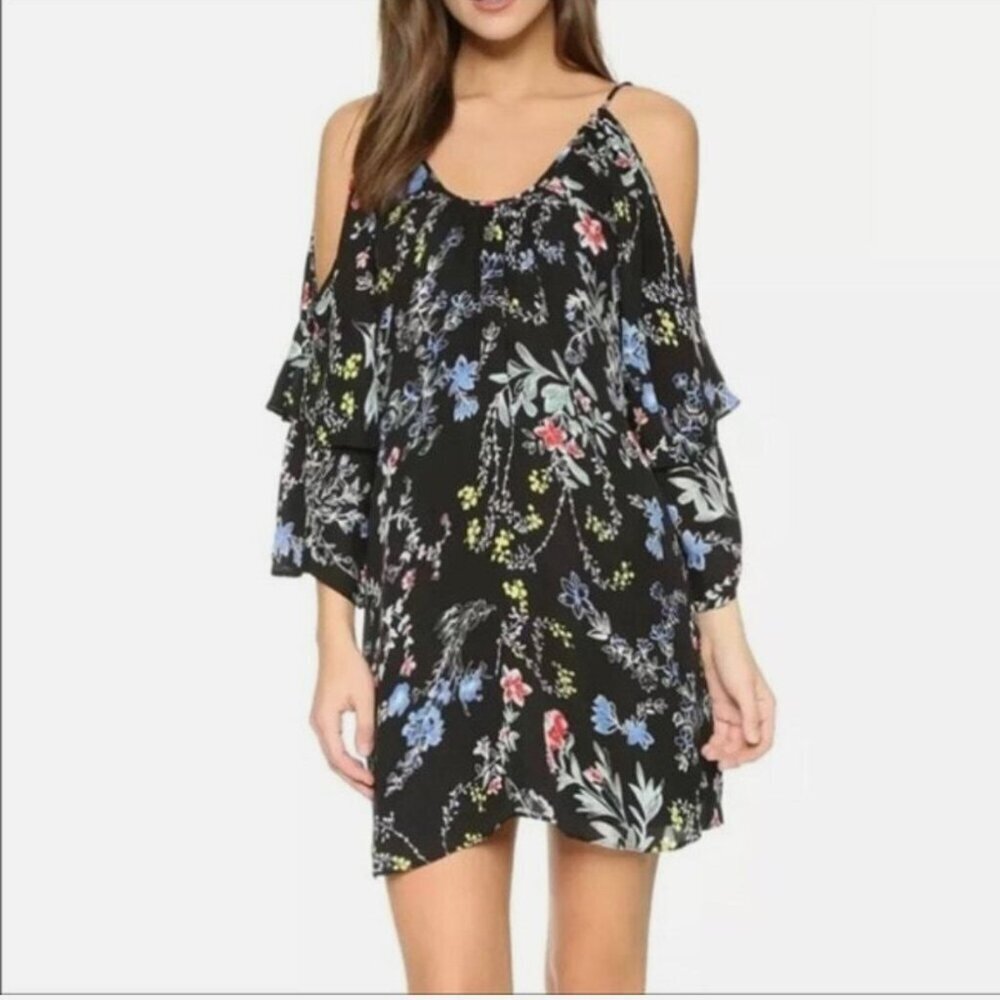 Parker Black Agave Floral Cold Shoulder Silk Mini Dress, Size Small